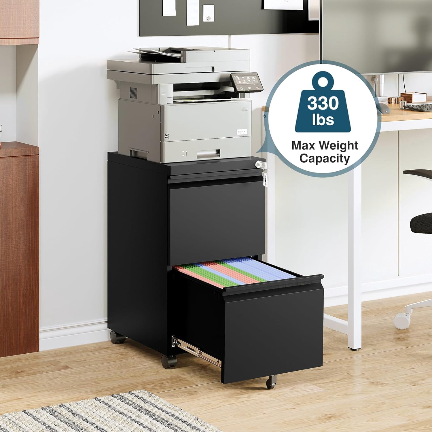 2 Drawer File Cabinet on Wheels, Home Office Mobile File Drawers Under Desk, Filing Cabinets with Drawers for Legal/Letter/A4 File Folders(Black),Un-Assembled