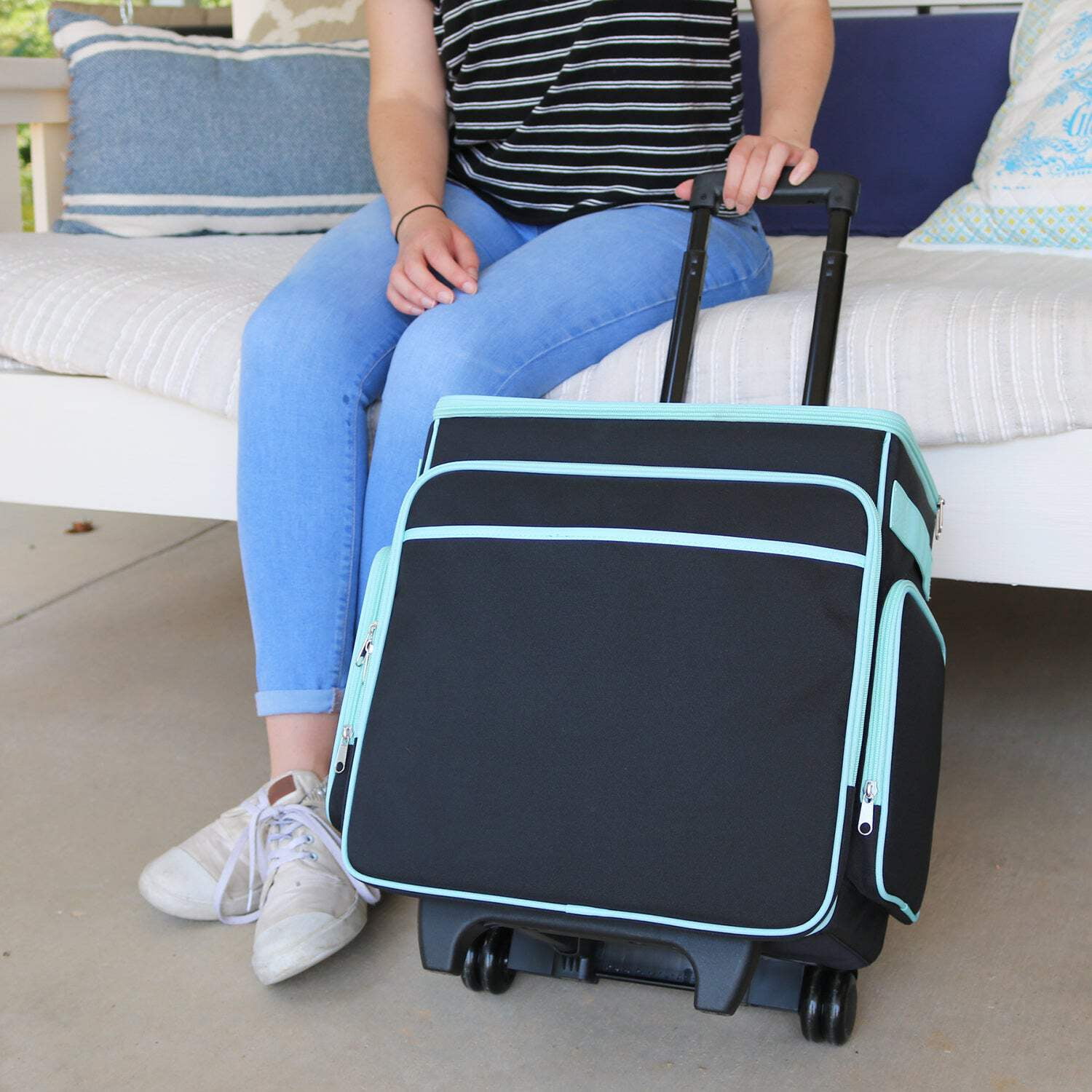 Everything Mary Rolling Scrapbook Case – Black  Teal Craft Organizer with Telescoping Handle  Wheels – Portable Storage for Scrapbooking, Sewing, Art  DIY Supplies