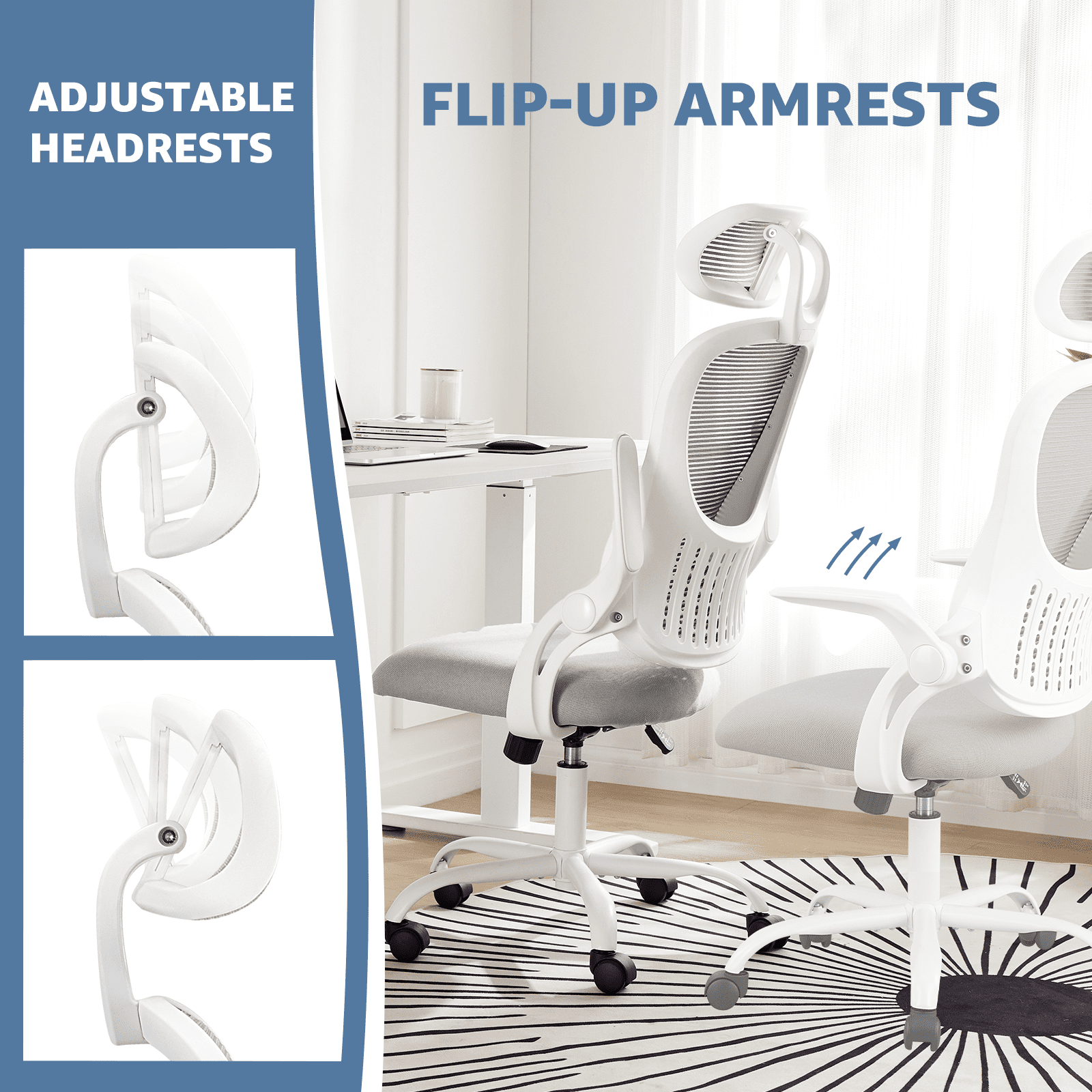 MAYEERTY Ergonomic Office Chair with Headrest, Adjustable Task Chair with Flip-Up Armrests