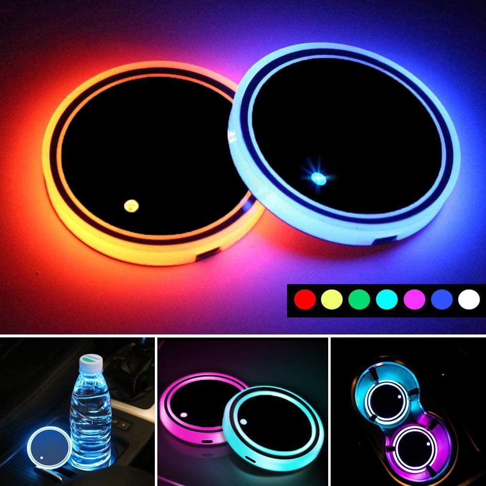 2Pack Upgrade LED Car Cup Holder Lights,Car Coaster with Multicolor Changing USB Charging Mat Luminescent Cup Pad Interior Atmosphere Lamp Decoration Light