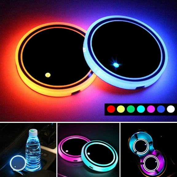 Walbest LED Car Cup Holder Lights,7 Colors Changing USB Charging Mat Waterproof Cup Pad,LED Interior Atmosphere Lamp Decoration Light Car Accessories