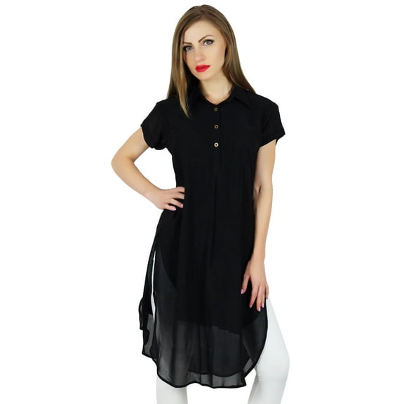 Bimba Women Black Georgette Tunic Short Kurta Kurti Casual Blouse Summer Wear