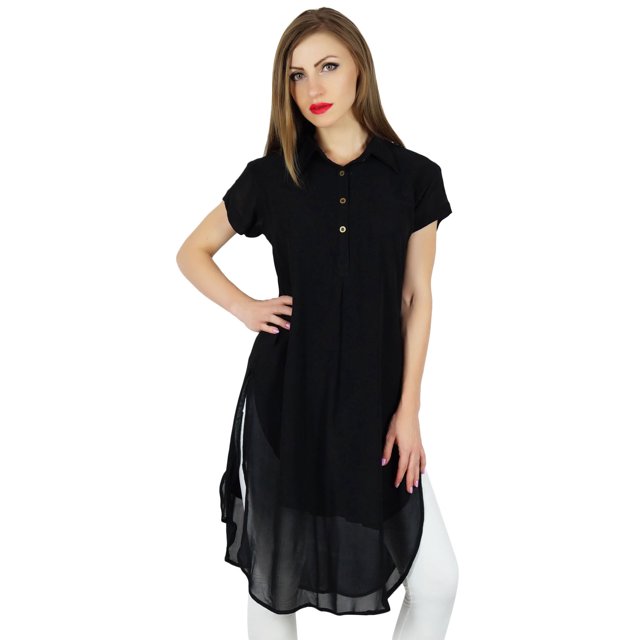 Bimba Femme Tunique Noire en Georgette Courte Kurta Kurti Blouse Décontractée Tenue d'Été
