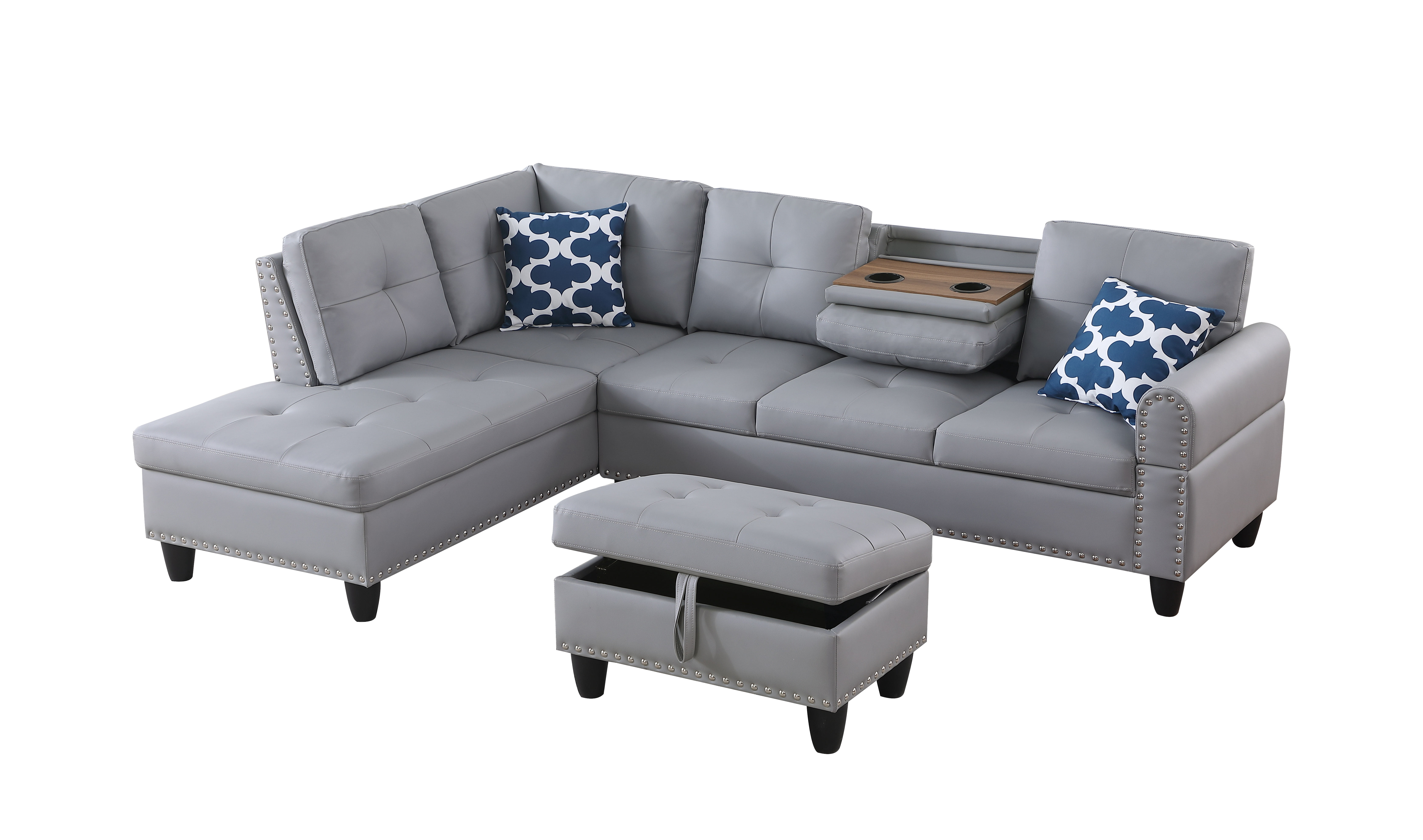 Gewnee L-Shaped Sectional Sofa with Nailhead Trim, Fold-Down Cup Holder, Storage Ottoman & 2 Toss Pillows for Living Room, Gray