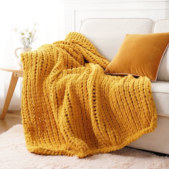 Mustard Yellow Chunky Knit Throw Blanket,Thick Chenille Blanket for Spring Home Decor,50"X60"