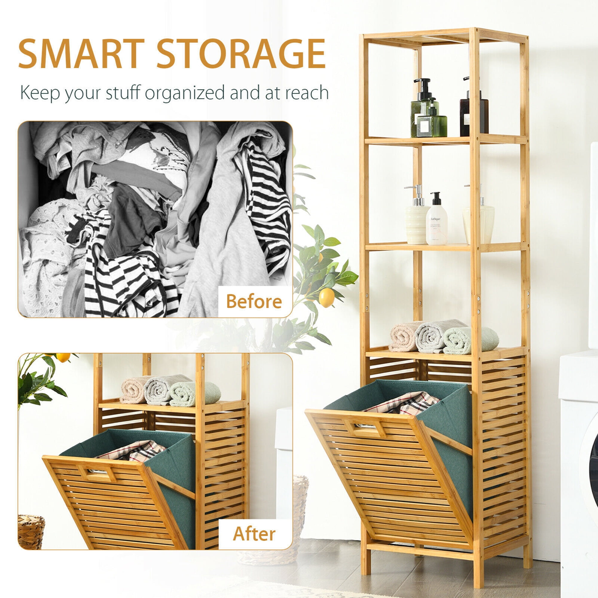 Gymax Bathroom Tilt-out Laundry Hamper Bamboo Tower Hamper w/3-Tier Shelves