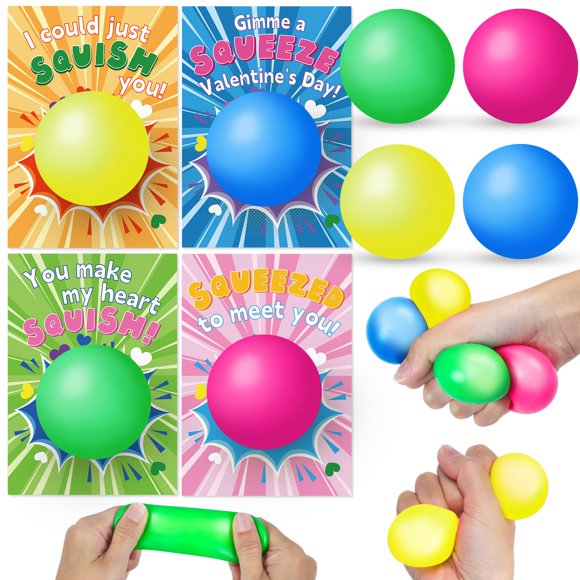Tarjetas de San Valentín con juguetes Stress Squishy Balls, 28 paquetes
