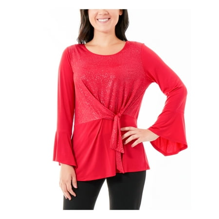 NY COLLECTION Womens Red Embellished Bell Sleeve Scoop Neck Top Petites PL