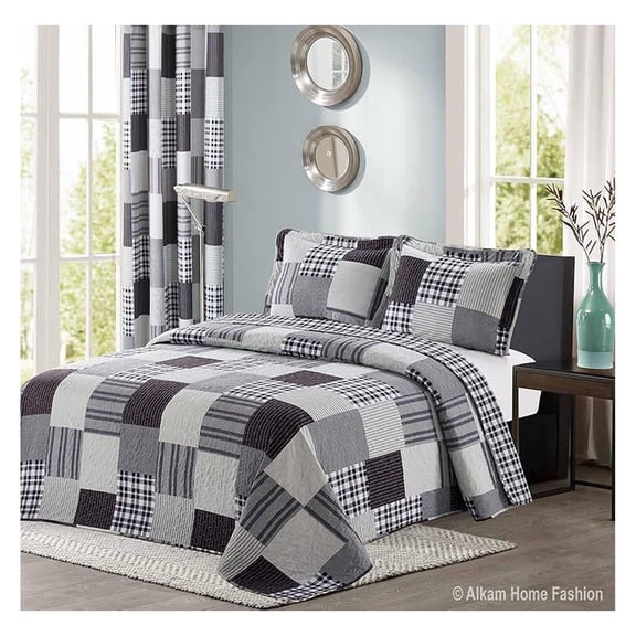 Black and Grey Modern Plaid 3-Piece Queen Bedspread and Pillow Sham Set | Matching Curtains Available!