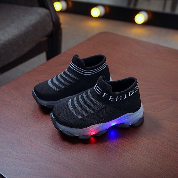 Toddler Boys Girls Striped Knit Light‑up Shoes, Elastic Slip‑on Non‑slip Lightweight Breathable Casual Footwear Black 21