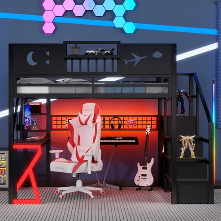 Mirightone Full Size Gaming Loft Bed with Desk, Charging Station & Storage Stairs, Metal Loft Bed Frame with LED Lights and Wardrobe for Teens, Black