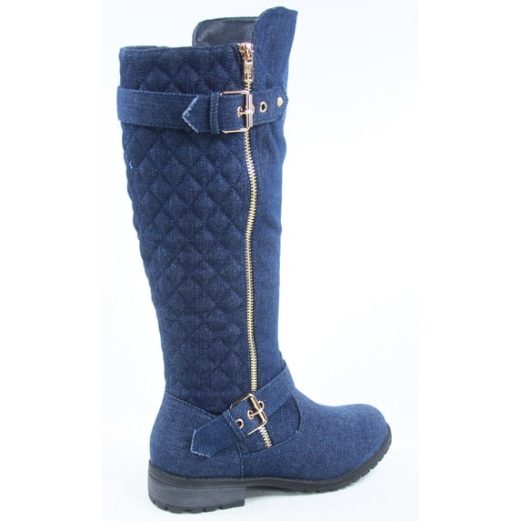 Women's Winkle Back Shaft Side Quilted Zipper Knee High Flat Riding boots shoes (Mngo-21-Denim- 10)