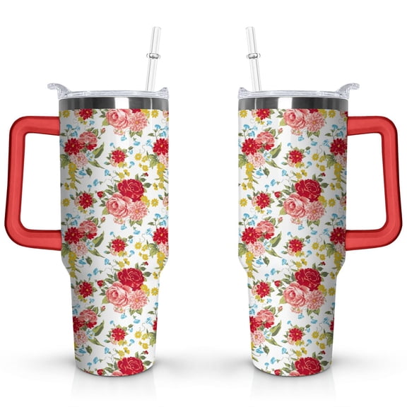 40oz Pioneer Tumbler with Handle Lid and Straw,Colorful Floral Tumblers Gifts for Women Girls Men Adults（Red）