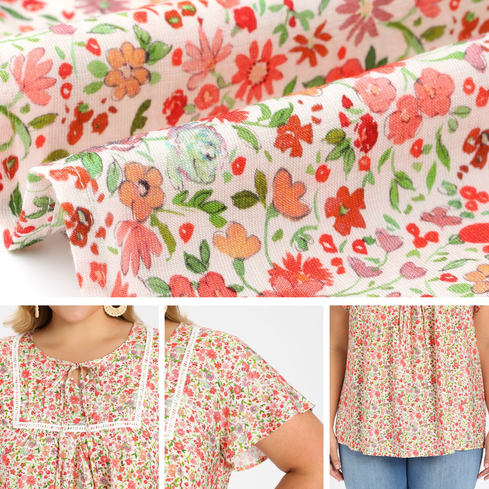 DARING DIVA Women's Plus Floral Tie Neck Blouse with Ruffle Sleeve 4X Pink