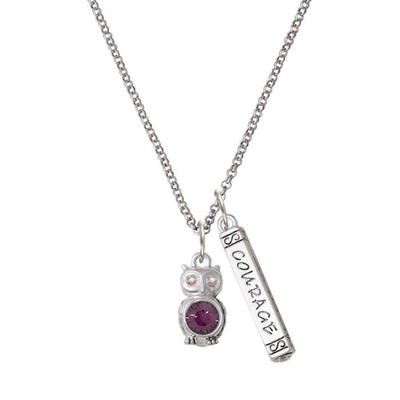 Delight Jewelry Silvertone 3-D Purple & AB Crystal Owl Silvertone Courage Strength Wisdom Honesty Bar Charm Necklace, 23"