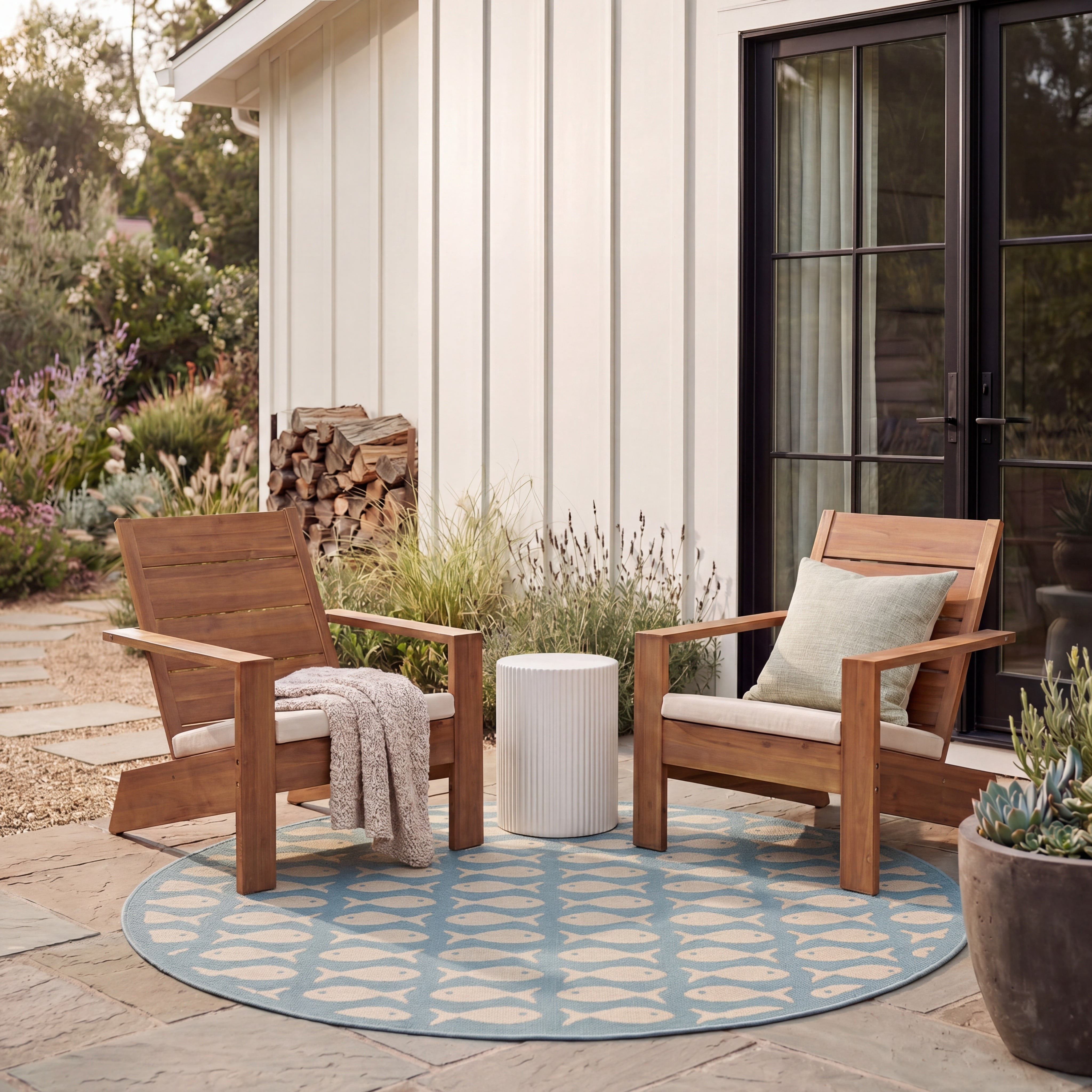 SAFAVIEH Courtyard Tranter Fishes Indoor/Outdoor Area Rug, Aqua/Beige, 6'7" x 6'7" Round