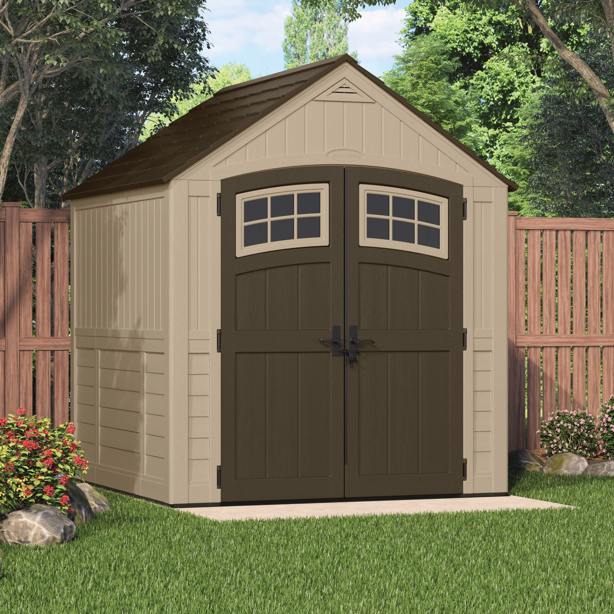 Suncast Sutton® Storage Shed for Backyard, Sand Brown, 7' x 7', 322 cu ...