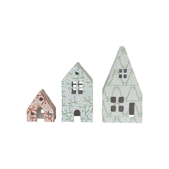 Creative Co-Op Printed Paper Mache Houses with Berry and Tree Patterns, Multicolor, Set of 3