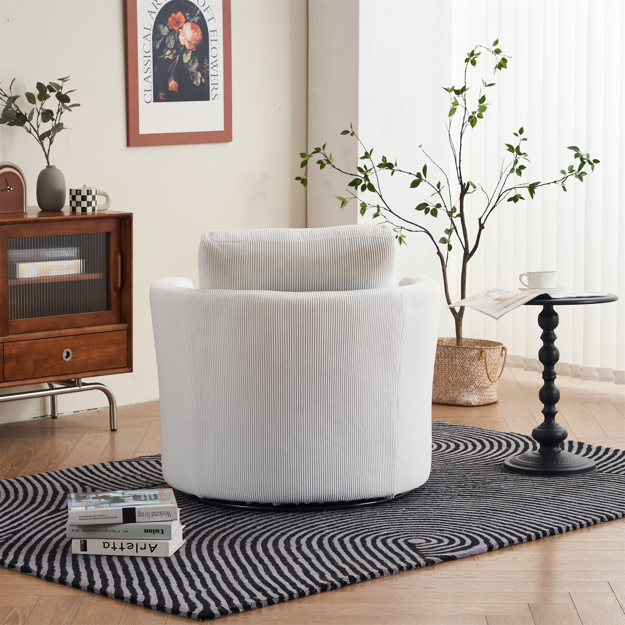 Aukfa 32" Corduroy Swivel Accent Chair Round Barrel Chair for Living Room Bedroom, Beige