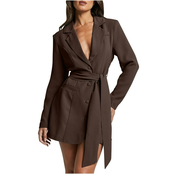 Oplxuo Women's Long Blazers Elegant V Neck Formal Suit Jackets Long Sleeve Sexy Work Office Business Belt Mini Dress