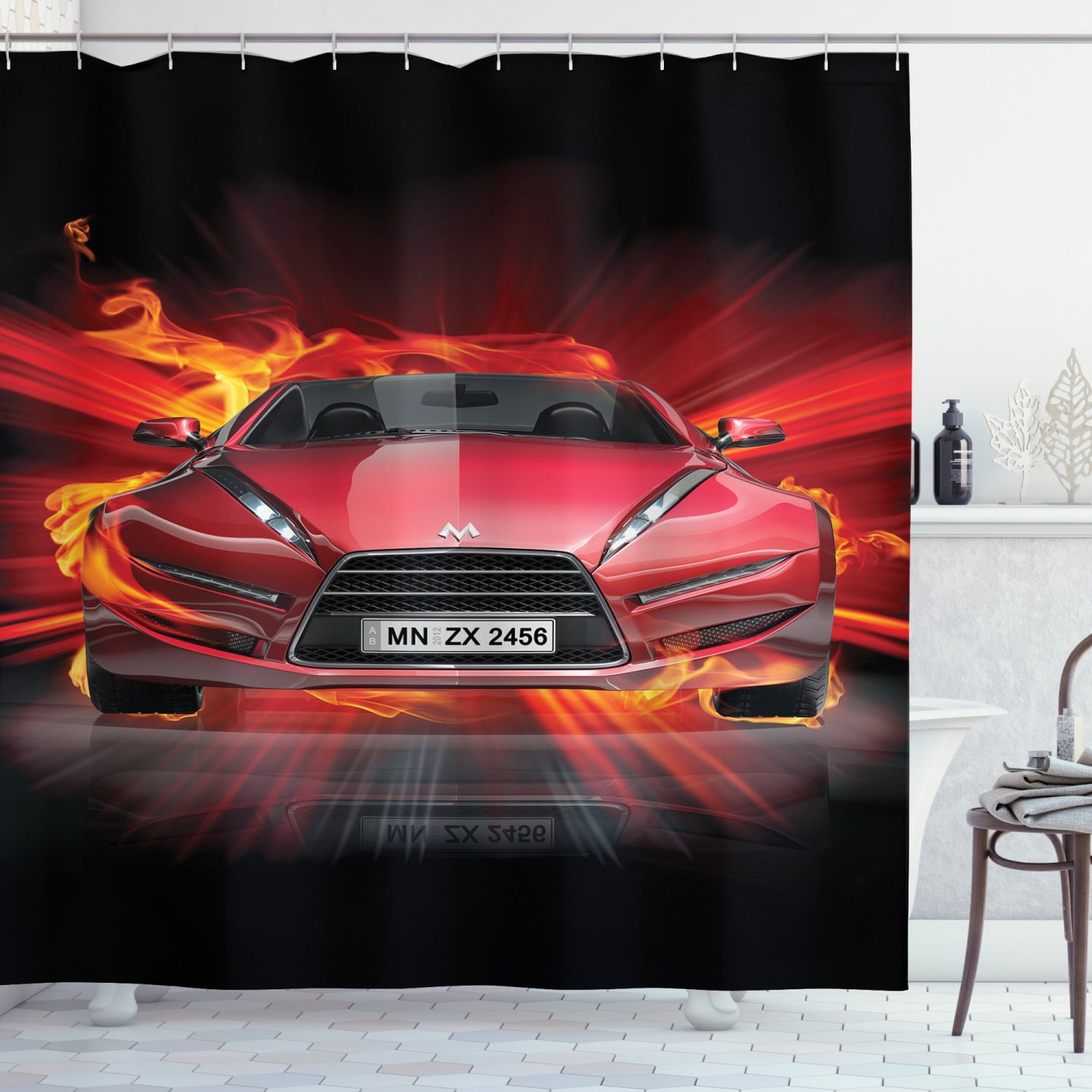 Cars Shower Curtain, Front View of a Fire Car Speeding Hot Flames on