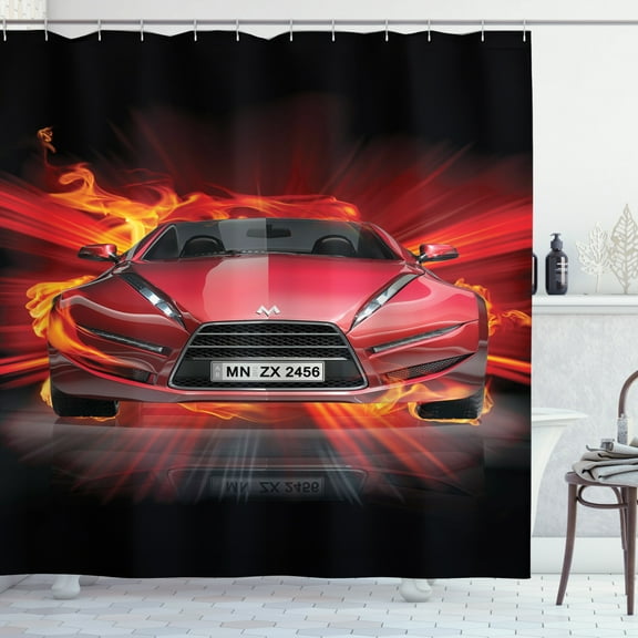Ambesonne Cars Shower Curtain, Car Speeding Art, 69"Wx70"L, Orange Black Red