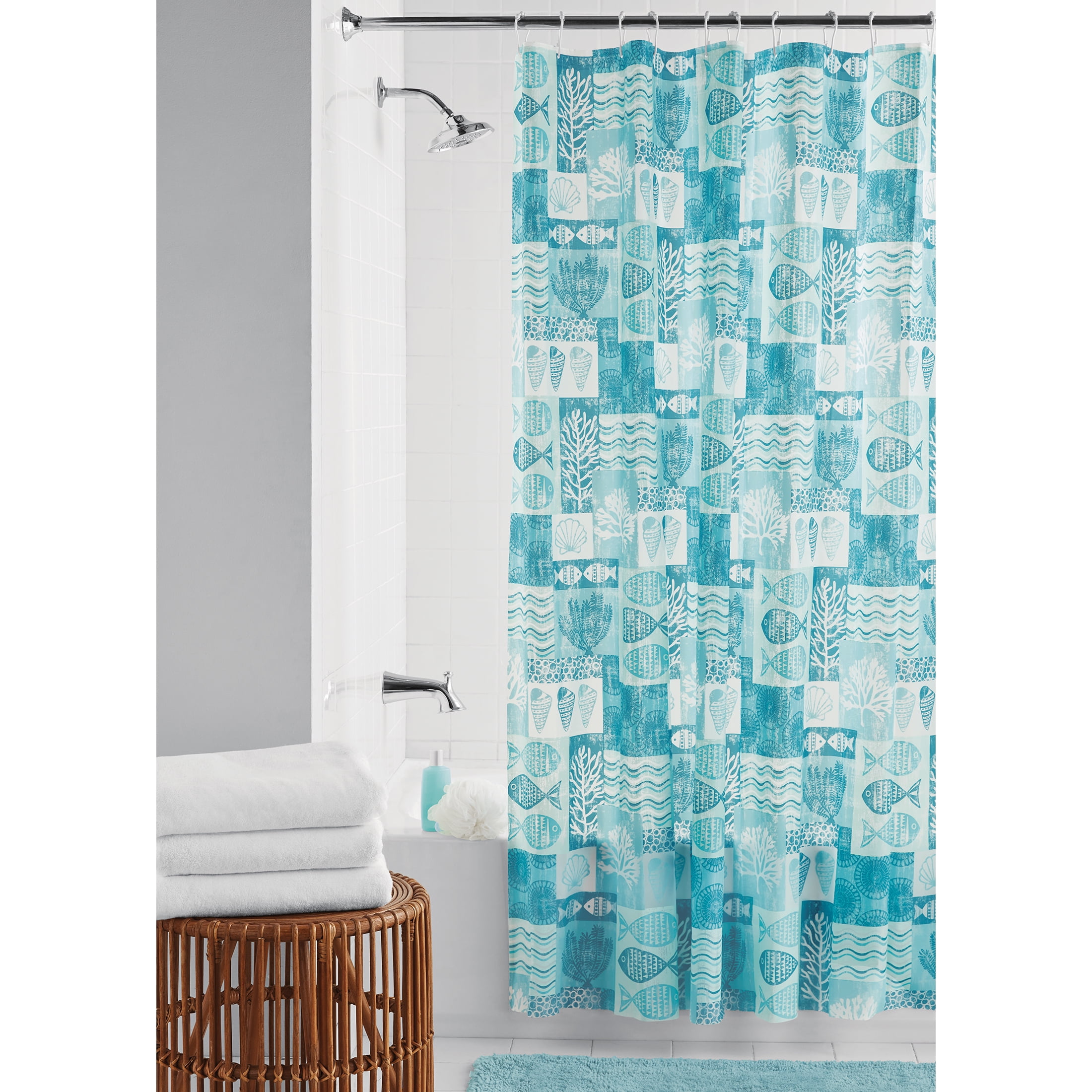 Nautical Bathroom 70¾x70¾" Blue BEACH HUTS Shower Curtain with Hooks 180x180cm 