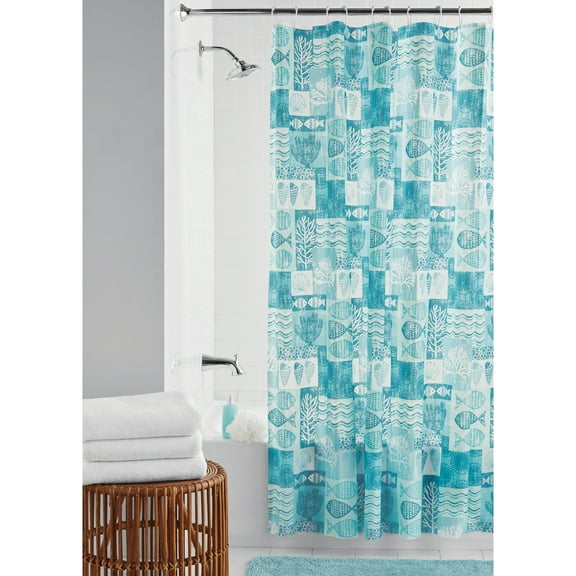 Mainstays Coastal Aqua Fish Printed PEVA Shower Curtain, 70" x 72"