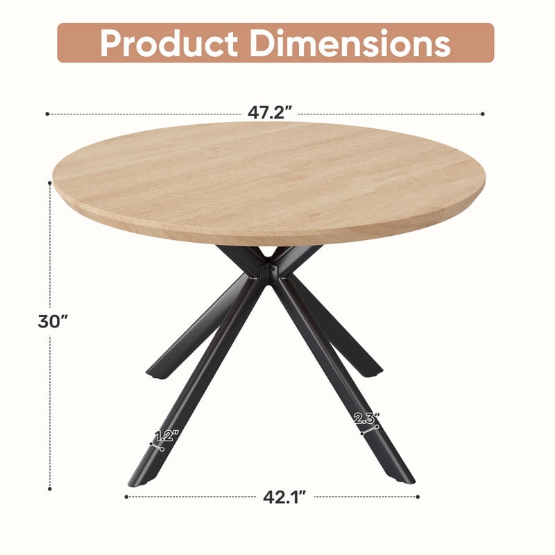 Hawsaiy 47" Round Dining Table for 4-6, Modern Farmhouse Kitchen Table with Metal Legs, Wood Circle Dinner Table for Kitchen & Dining Room, Natural