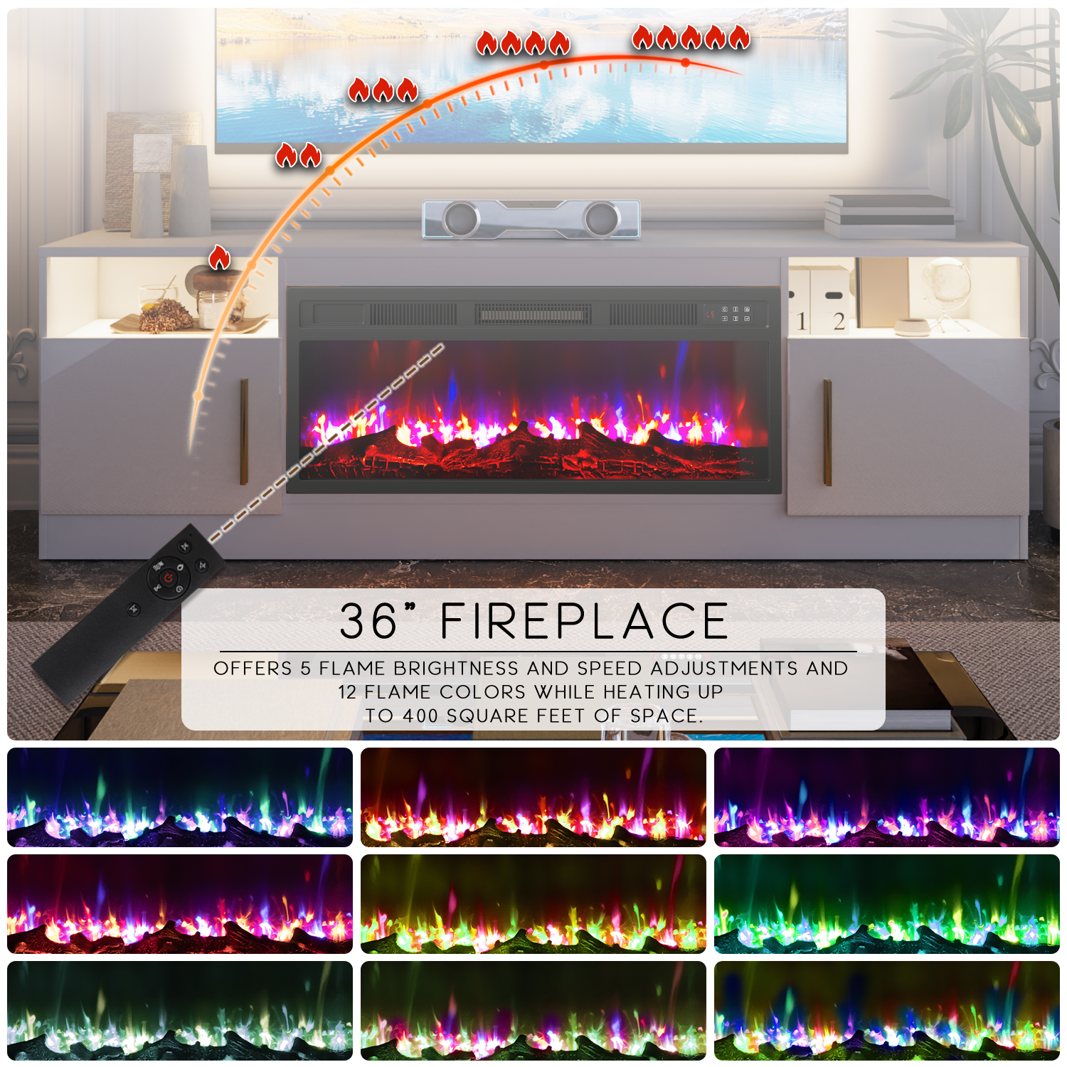 BOSSIN Fireplace TV Stand with 36 inch Fireplace Up to 80" TVs,LED Light Entertainment Center with Highlight Storage Cabinet for living room