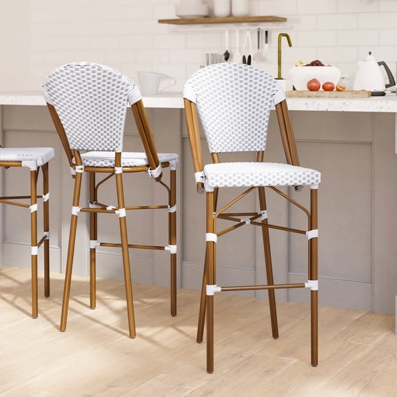 Emma Oliver Set of Two Indoor/Outdoor 30" High Stacking Bistro Bar Stool with White and Gray Patterned Seat and Back and Bamboo Finished Metal Frame