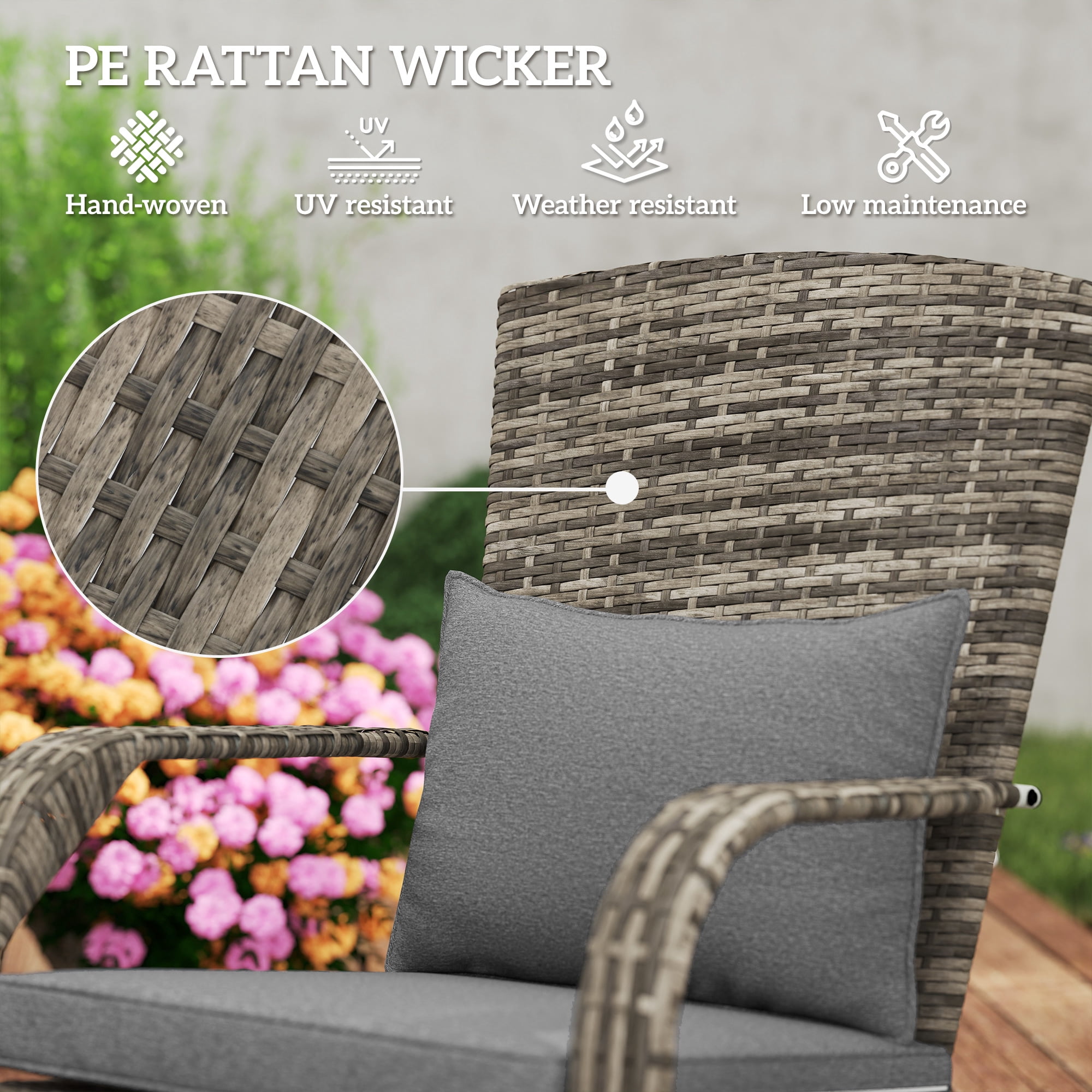 Patio Wicker Adirondack Chair with Ottoman, Outdoor Fire Pit Chair with Cushions, High-Back, Large Seat & Armrests for Deck, Garden & Backyard, Gray