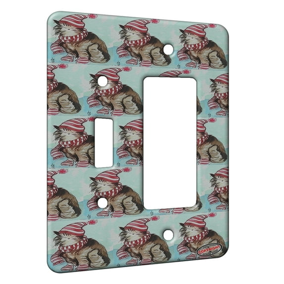 KuzmarK™ 2 Gang Single Toggle / Single Duplex Rocker Wall Plate - Maine Coon Kitty with Winter Cap and Mittens Cat Modern Art by Denise Every