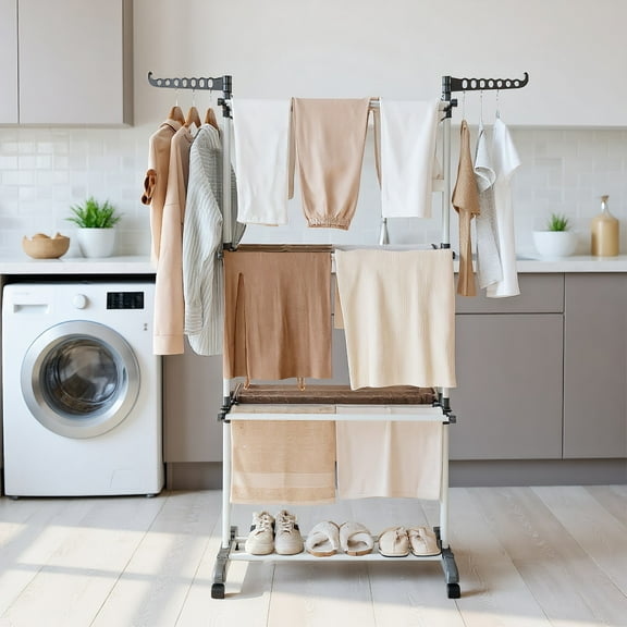 Kadyn Garment Rack,Clothes Drying Rack, Drying Shelf, Drying Stand,4-tier Clothes Drying Rack with Rotatable Side Wings and Collapsible Shelves-Gray