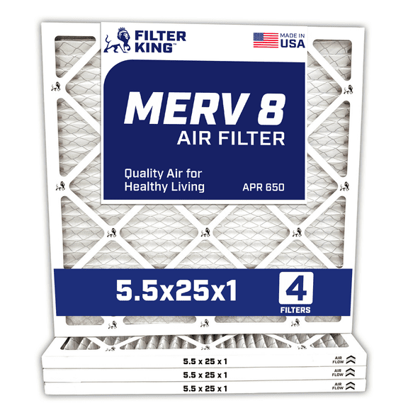 Filter King 5.5x25x1 Air Filter | 4-PACK | MERV 8 HVAC Pleated A/C Furnace Filters | MADE IN USA | Actual Size: 5.5 x 25 x .75"