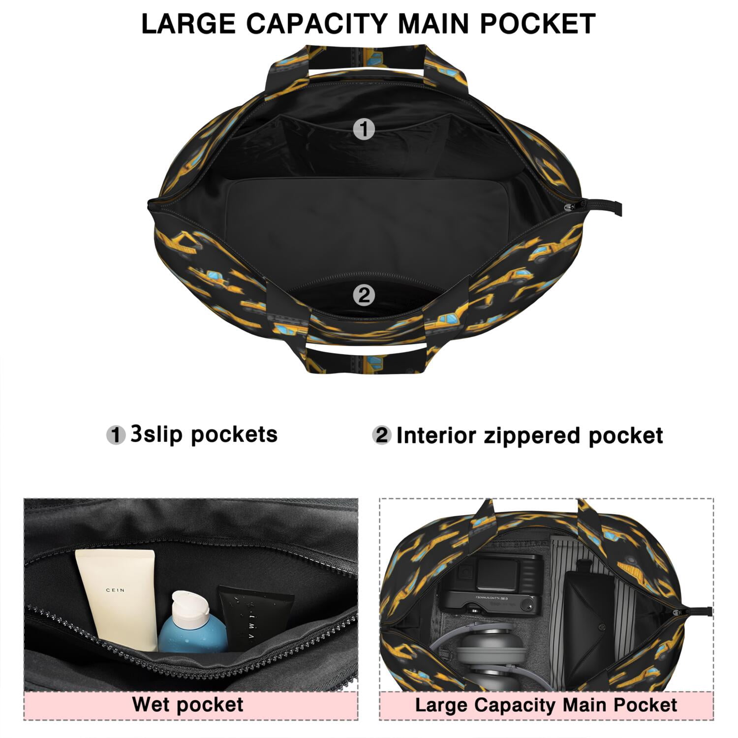 Cartoon Construction Vehicles Trucks Black Pattern Travel Tote Bags for Women Carry On,Large Weekender Bags for Women Travel,Multi Functional Duffle Bag for Work,Shopping,Sports