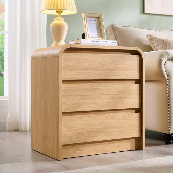 wow97e Modern Nightstand with Charging Station, 3 Drawer Wood Bedside Table w/Curved Profile Design for Bedroom