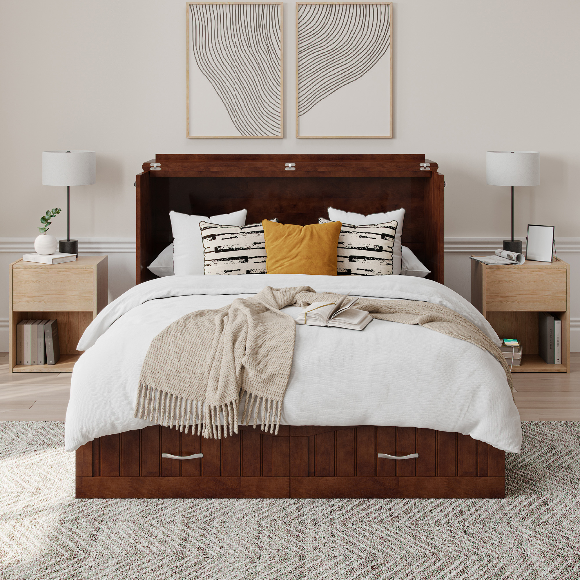 AFI Southampton Full Wood Murphy Bed Chest with Mattress, Drawer & Charger in Walnut
