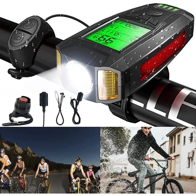 LED Bike Light Set with a super bright waterproof front headlight and rear bicycle light mounted on handlebars. Features include odometer, speedometer, thermometer, calorie calculator, and USB rechargeable functionality. Suitable for road and mountain biking. Accessories such as cables and mounts are shown alongside images of cyclists riding at night and in wet conditions.