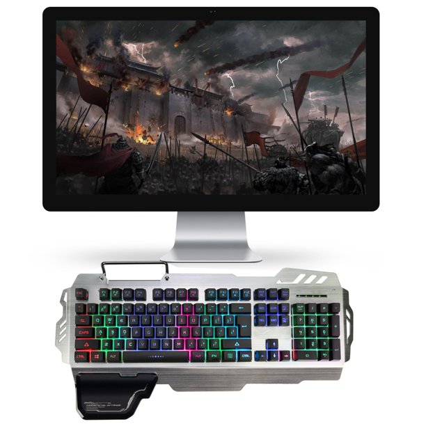 PK-900 Teclado para juegos con retroiluminación de 104 teclas con cable USB y soporte para teléfono