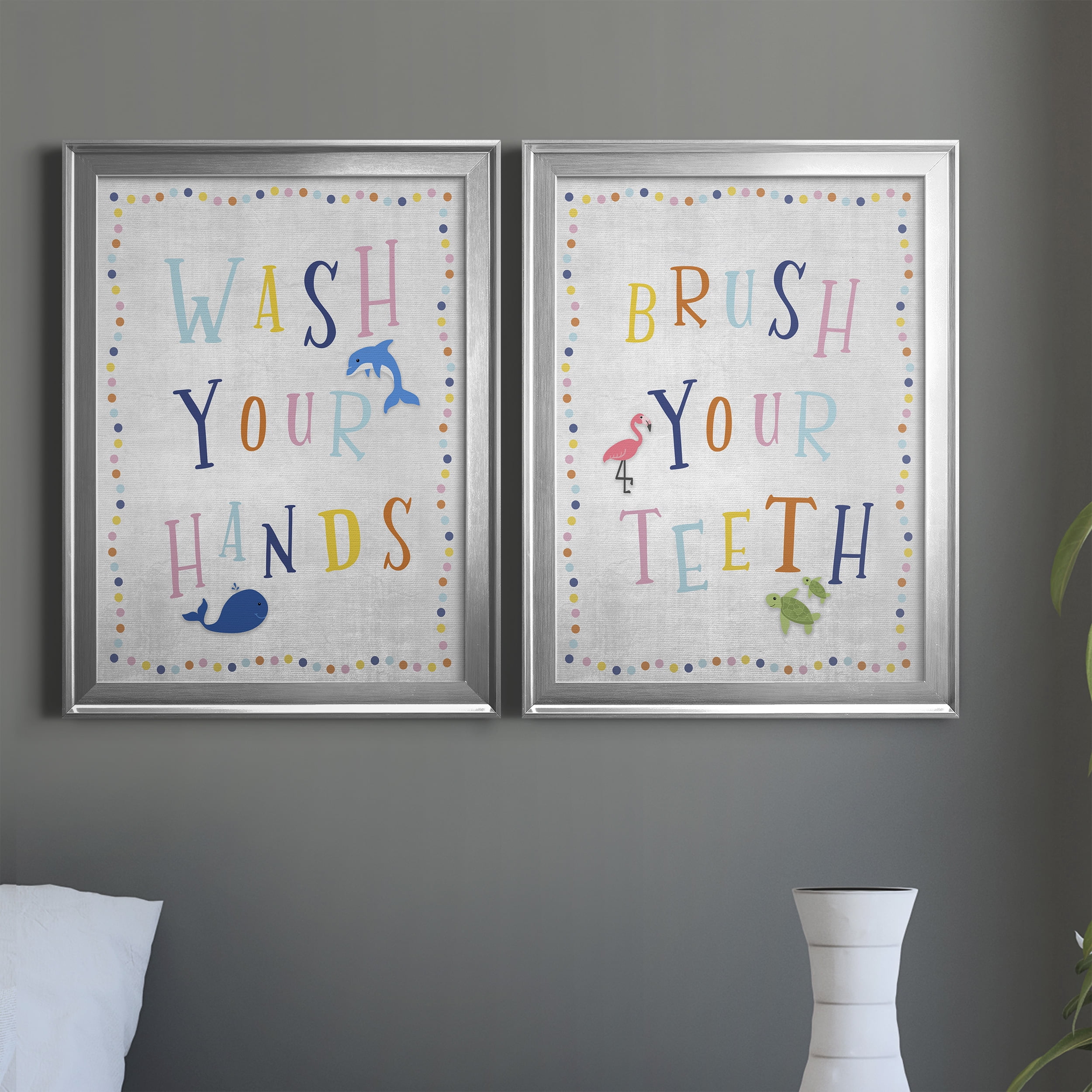 2 Piece Set Wash Your Hands Premium Framed Canvas - Ready to Hang - 18.5 x 24.5 Each - Silver Frame