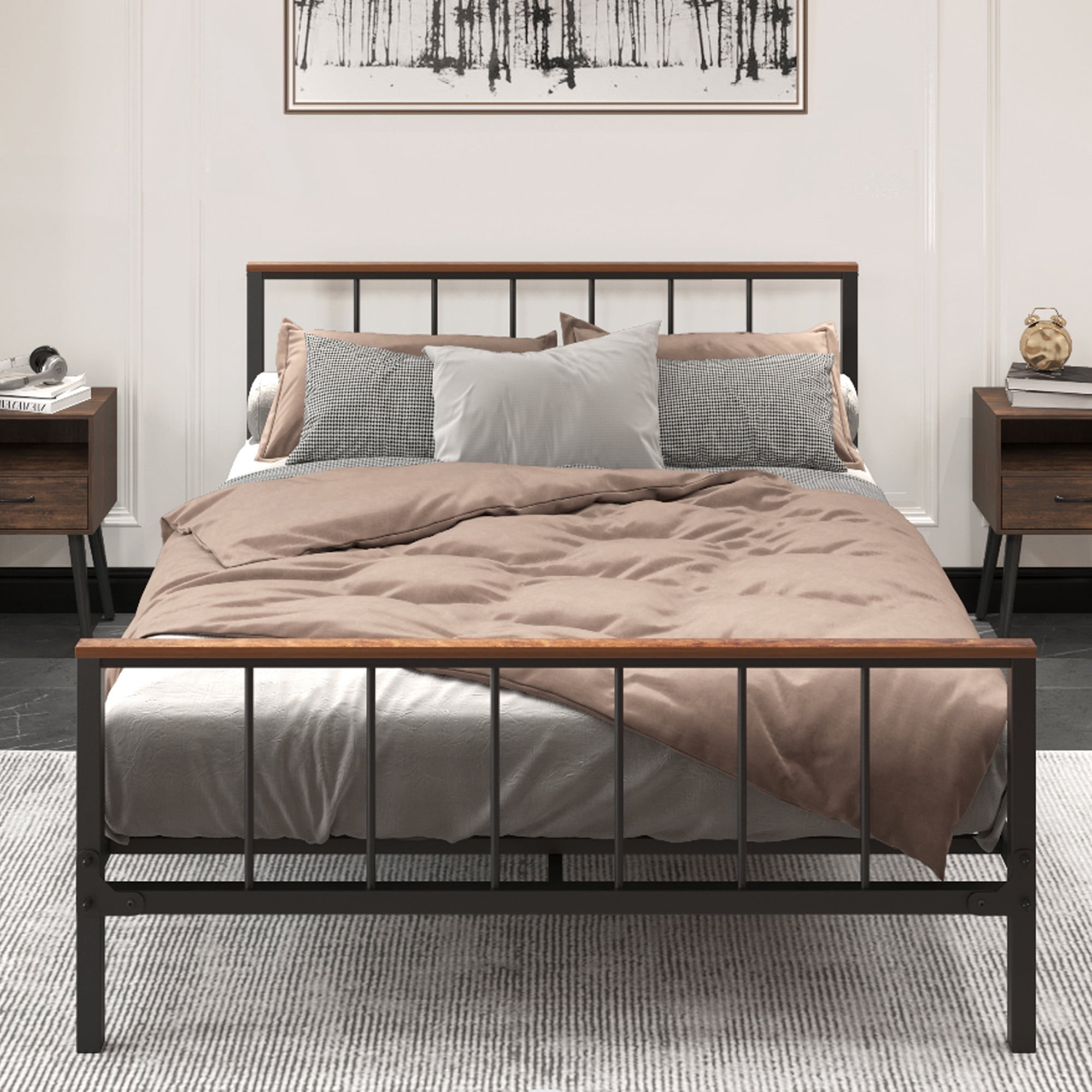 DEALTOPS Queen Metal Platform Bed with Headboard and Footboard, Sturdy Metal Frame, Bedroom, Black