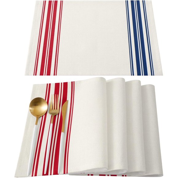 Independence Day Red Blue Stripes Indoor Placemat Set of 4 Non-Slip Placemats for Kitchen Dining Table Holiday Patio Parties Simple Graphics 13"x19" Washable Durable Cotton Linen Table Mats