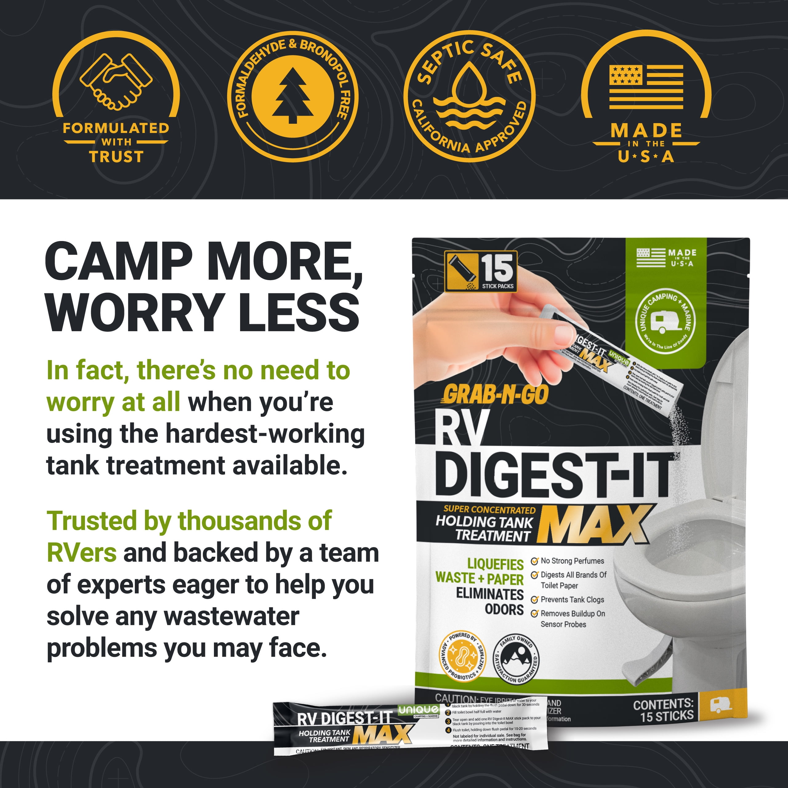 Unique RV Digest-It Max RV Toilet Treatment Stick Packs, 15 Count Grab-and-Go RV Tank Treatment, No-Mess, Pre-measured, Liquefies Waste and Paper, Odor Eliminator