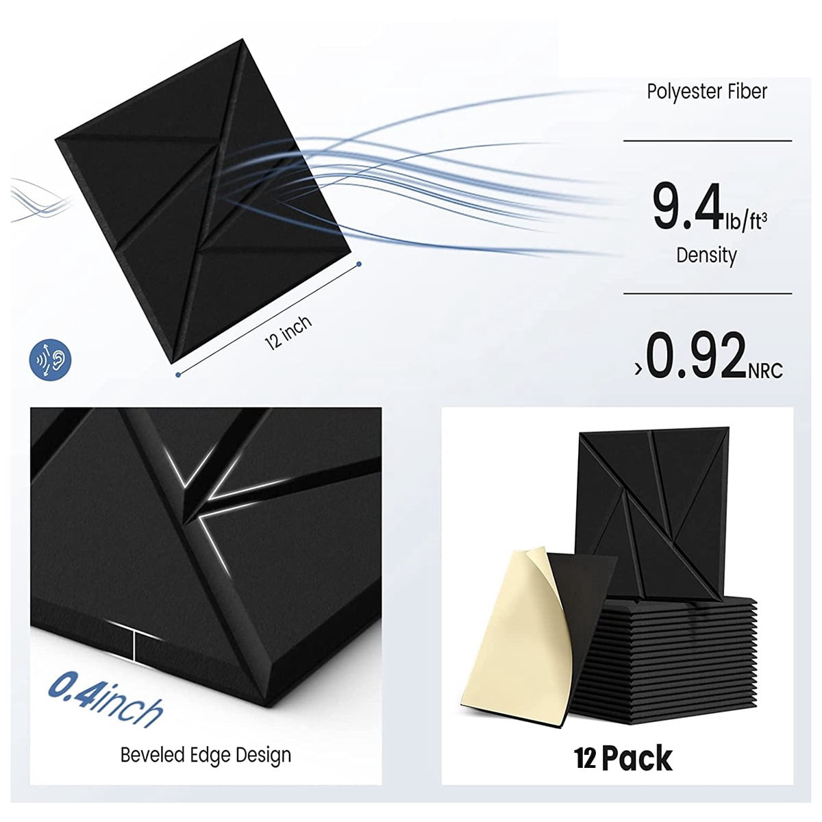 12Pack Acoustic Panels with Self-Adhesive, 12X 12X 0.4Inch Sound Proof Foam Panels,Sound Panels High Density, Black