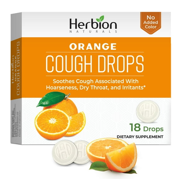 Herbion Naturals Cough Drops with Natural Orange Flavor, Dietary Supplement, Soothes Cough, For Adults and Children over 6 years, 18 Drops, No Artificial Flavor, No Added Color.