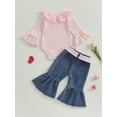 thumbnail image 5 of Loicainy Baby Toddler Girls 2 Piece Outfits 3 6 9 12 18 Months Ruffle Long Sleeves Romper and Ripped Denim Flare Pants Fall Clothes Set, 5 of 9
