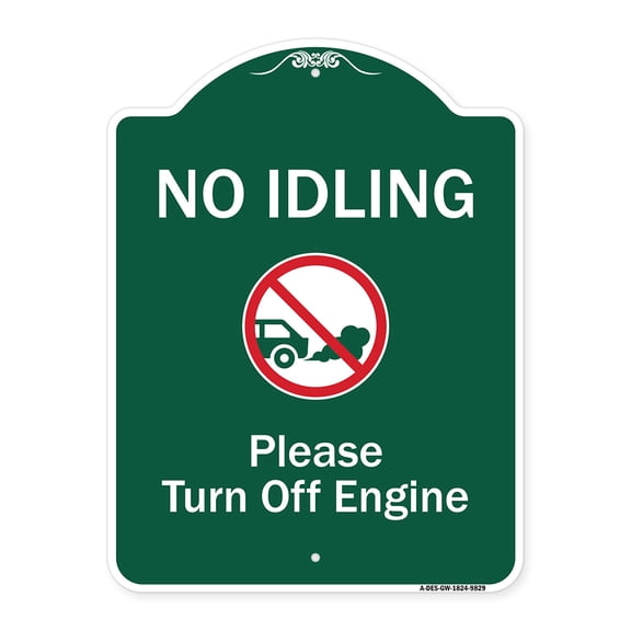 SignMission Designer Series Sign - No Idling Please Turn Off Engine With Graphic | Green & White 18" x 24" Heavy-Gauge Aluminum Architectural Sign | Made in the USA