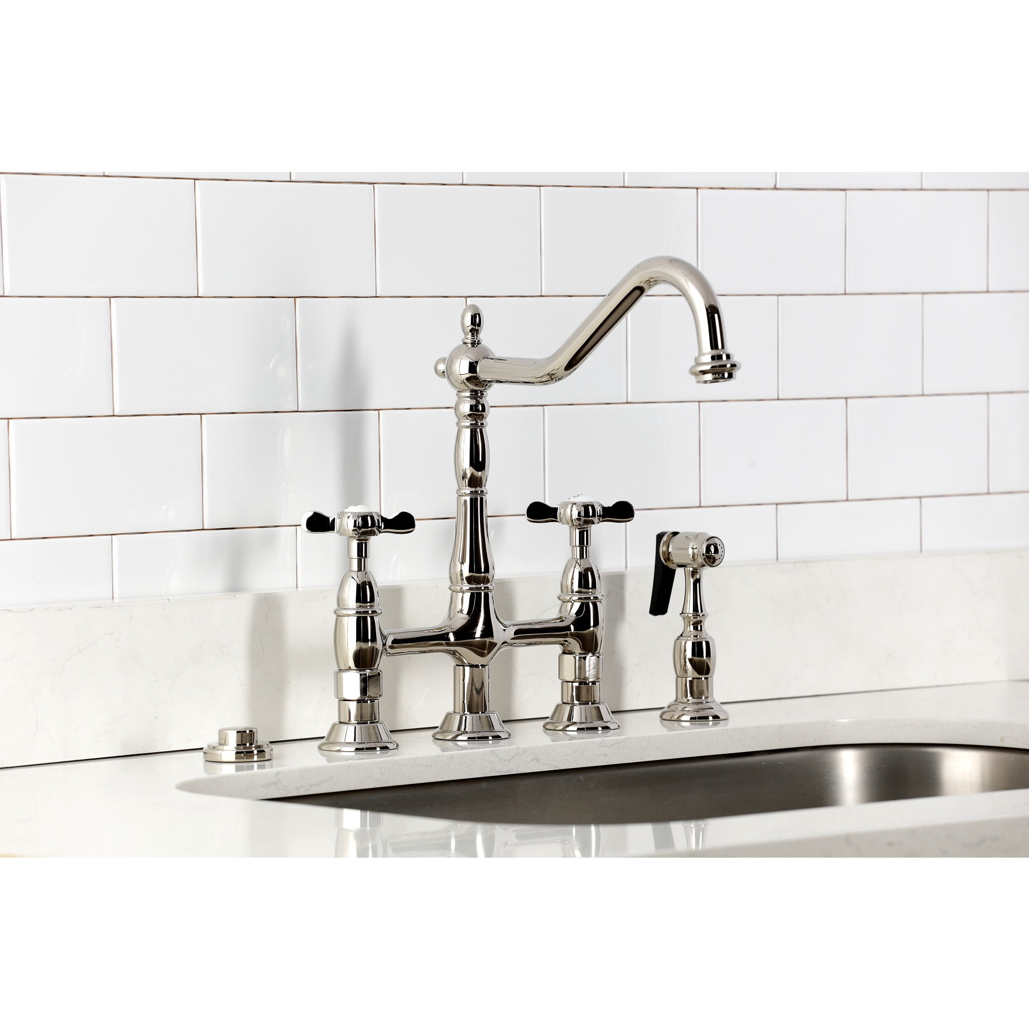Kingston Brass KS1276BEXBS Essex Bridge Kitchen Faucet with Brass Side Sprayer, Polished Nickel