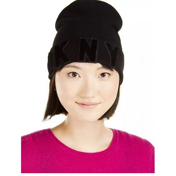 DKNY Black Logo Velvet-Flocked Flat-Knit Beanie, One Size